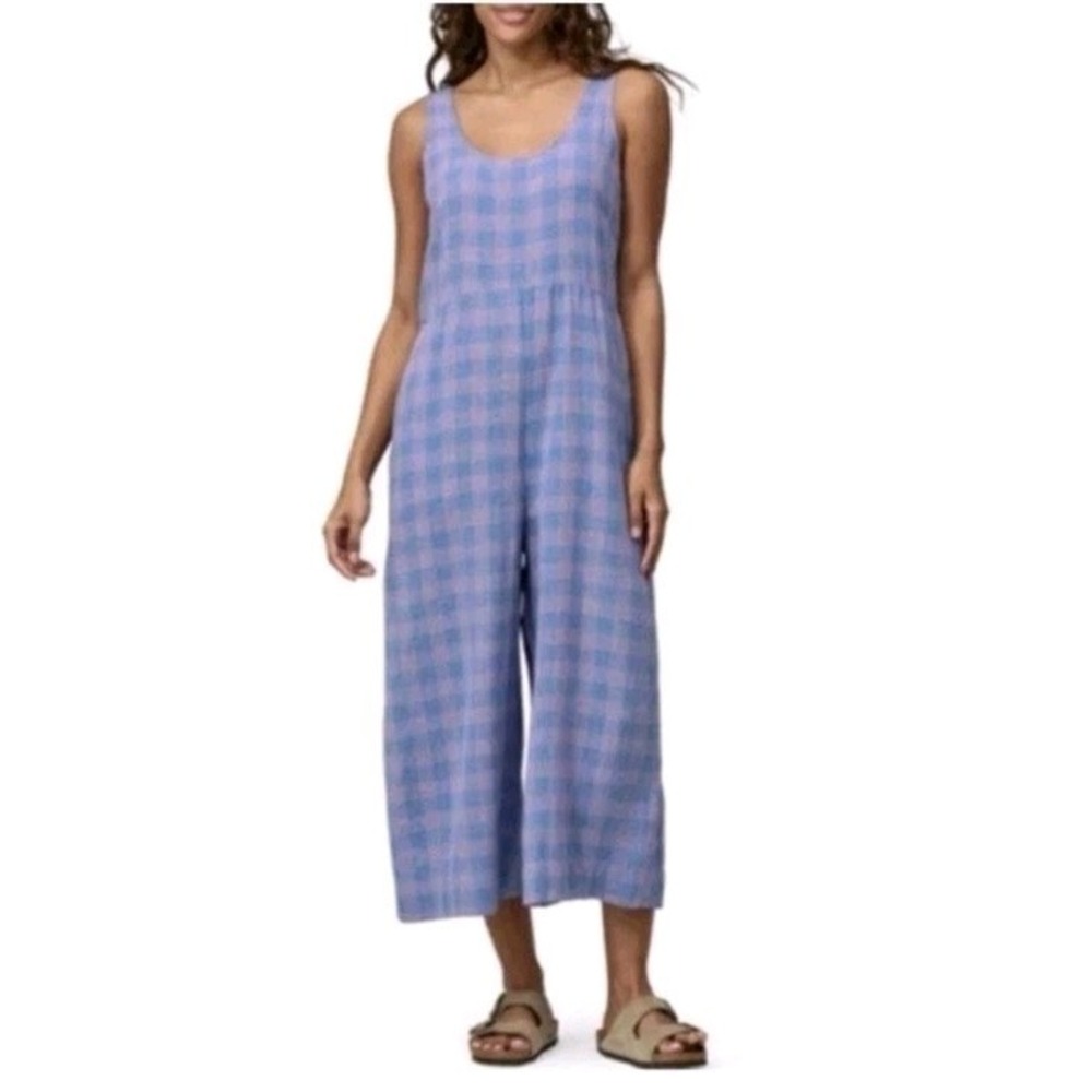 Patagonia Garden Island Jumpsuit Blue Pink Plaid Check Gingham Wide Leg Sz S